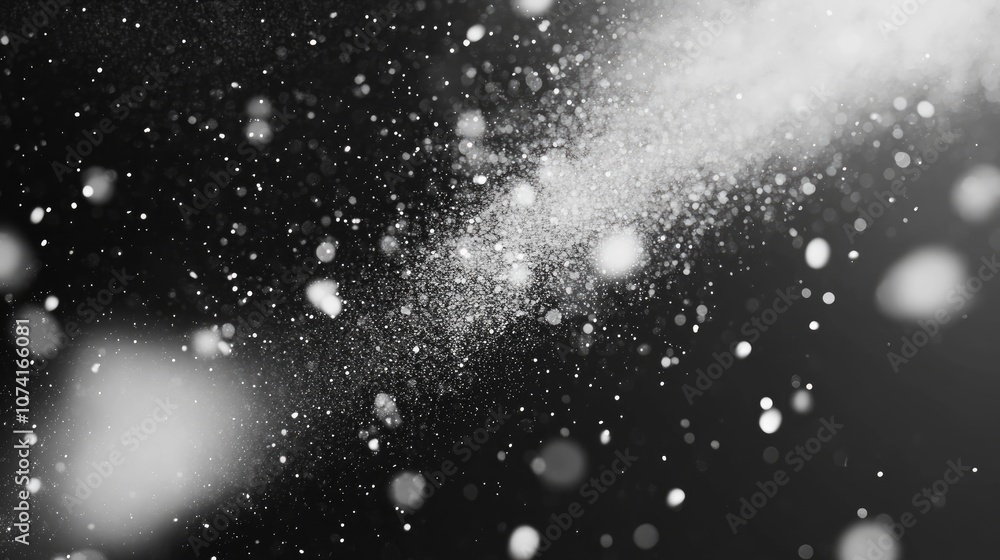 Poster Freeze motion of white particles on a black background in a 3D cartoon rendering Abstract dust overlay texture depicting powder explosion