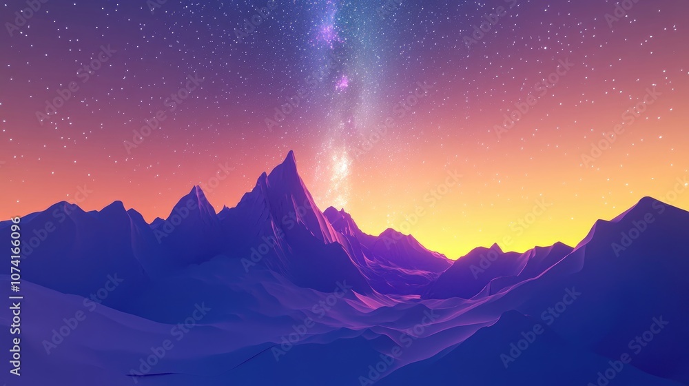 Poster Cartoon rendering in 3D of the Milky Way in a mountainous setting
