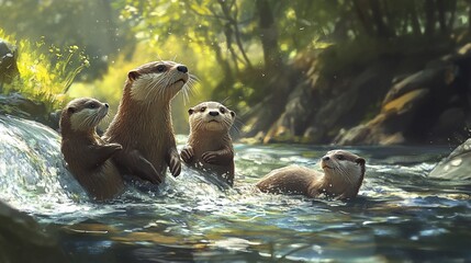 Fototapeta premium A family of otters plays in a cascading stream, their sleek fur glistening in the sun.