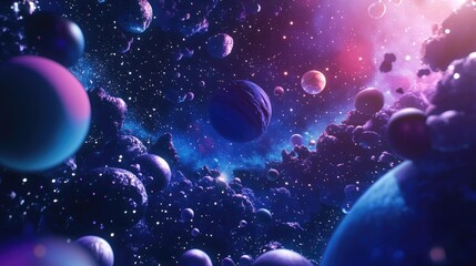 2D illustration featuring a 3D cartoon rendering of vast deep space with bright stars planets and moons A variety of science fiction backdrops including space art and alien solar systems set again