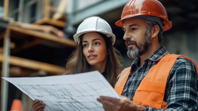 Architects Reviewing Building Plans on Construction Site. Two architects in safety helmets review detailed building blueprints on-site, emphasizing precision and project execution.