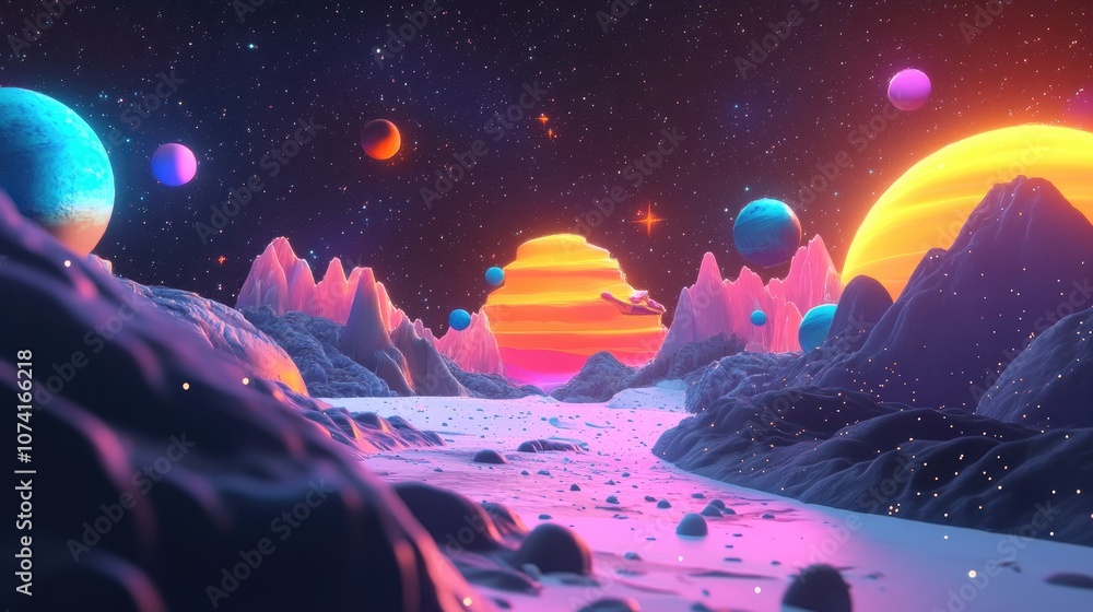 Poster cartoon rendering in 3d of a starry outer space scene