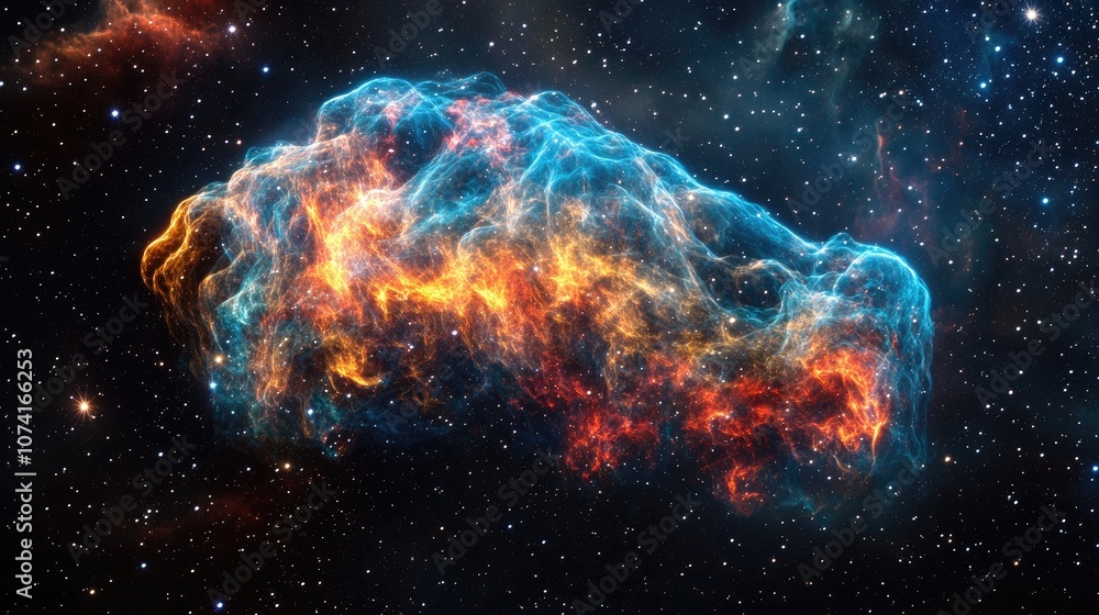 Poster science fiction illustration featuring a colorful nebula gas cloud in deep outer space with stars in