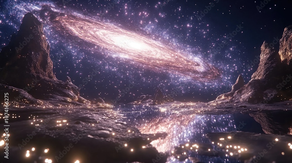 Poster 3d cartoon rendering depicting a vast and uncharted universe filled with stars and nebulae