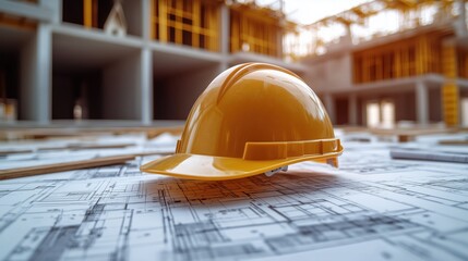 Hard Hat and Blueprints at Construction Site. Yellow hard hat placed on blueprints at a construction site, emphasizing preparation and detailed architectural planning.