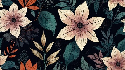This vibrant pattern highlights colorful flowers and leaves set against a dark backdrop creating an elegant and natural artistic display ideal for design projects
