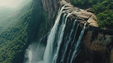 Powerful waterfall pouring over steep cliffs, mist rising, sunlight highlighting the vibrant green vegetation
