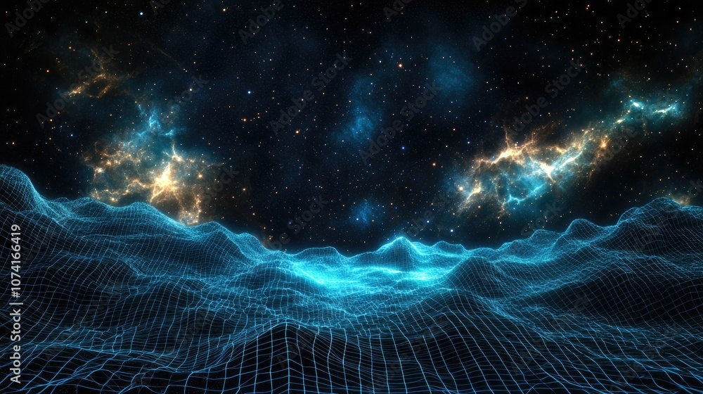 Poster Abstract landscape in a dark background featuring a star horizon cyberspace grid hi tech network and starry outer space texture rendered in 3D cartoon style
