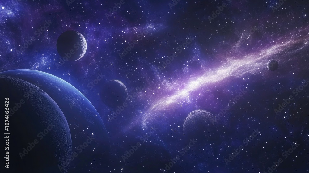 Aufkleber 2D illustration in deep interstellar space featuring a 3D cartoon rendering of stars planets moons and comets with diverse science fiction backdrops and space art