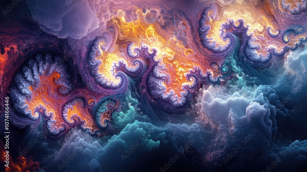 Poster 3D cartoon rendering of abstract fractal clouds suitable as an element in projects related to the universe cosmos astronomy science and education