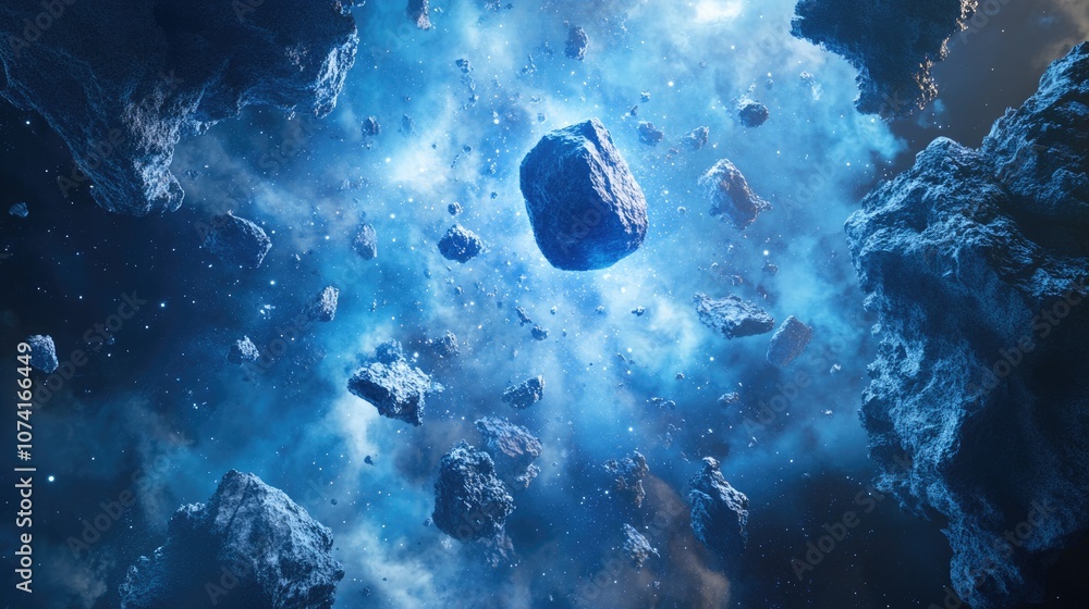 Poster asteroid invasion in the universe depicted in 3d cartoon style abstract representation of a meteor c