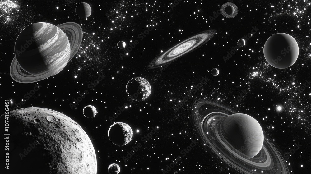 Poster Depiction of the solar system galactic space and the universe in a 3D cartoon rendering with an abstract black and white background