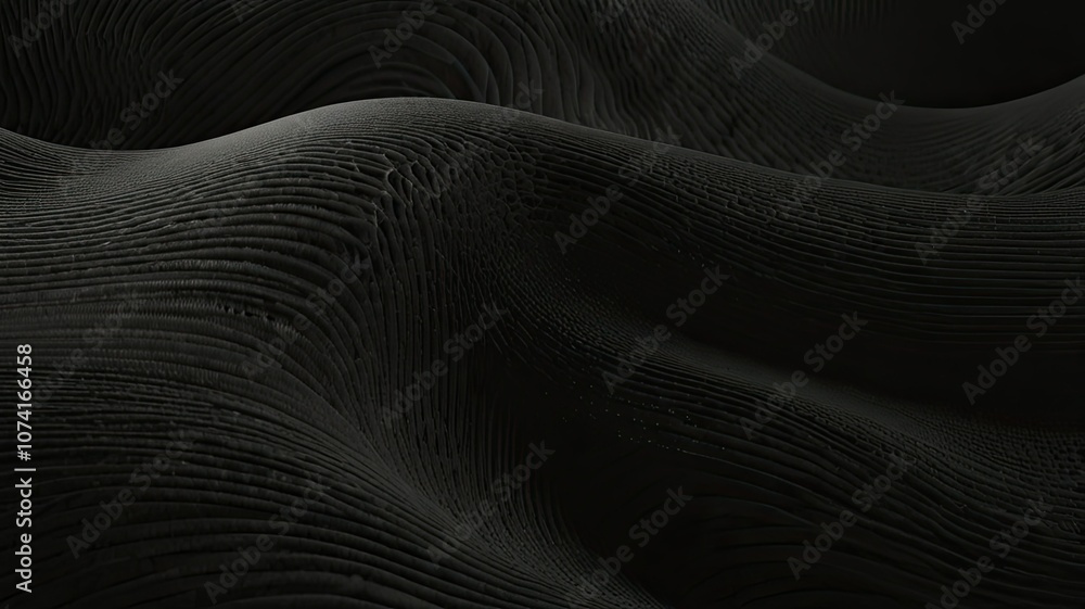 Poster a smooth black surface features gentle waves and textures illuminated by soft diffused light that ac