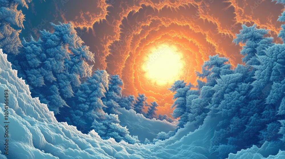 Poster fractal image representing a cold winter sun in a 3d cartoon style