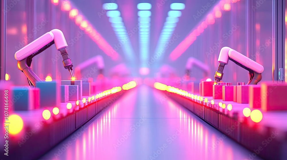 Poster futuristic robotic arms working on an assembly line in a vibrant factory setting.