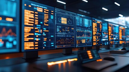 High-tech control room with multiple screens displaying data and analytics.
