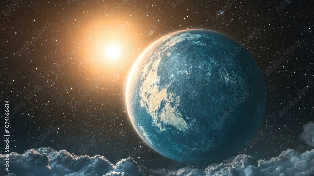Poster beautiful alien planet with a cloudy atmosphere illuminated by a star presented in 3d cartoon render