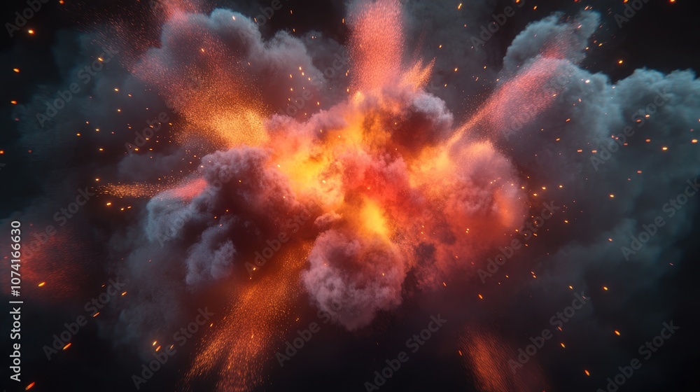 Poster animated 3d depiction of a powder explosion on a dark background featuring vibrant clouds of colorfu