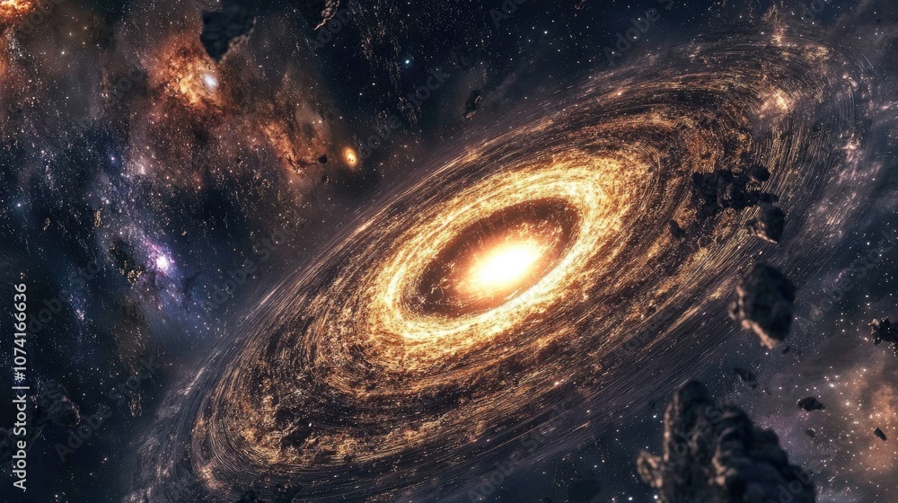 Poster black hole with galaxy in 3d cartoon rendering
