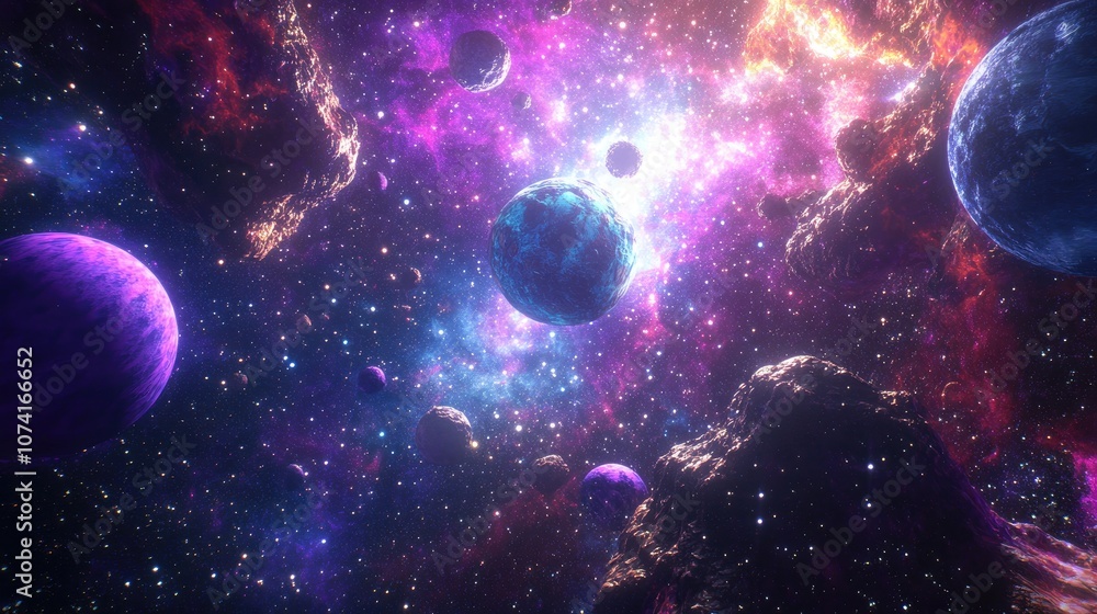 Aufkleber 2D illustration featuring a 3D cartoon rendering of a vibrant space background It includes a deep expansive cosmos with stars planets and moons showcasing various creative science fiction settings