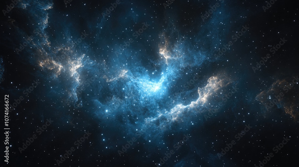 Poster bright stars in a deep space represented in 3d cartoon rendering blue cold nebula against a dark nig