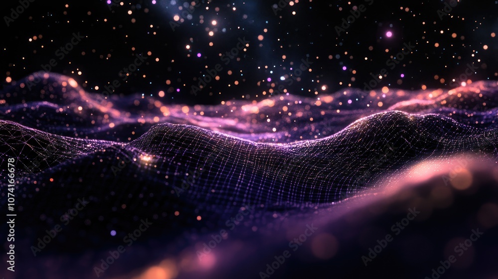 Poster 3D illustration featuring a dark abstract landscape with a cyberspace grid and a starry outer space texture