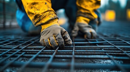 Worker Adjusting Steel Reinforcement Bars. Construction worker adjusts steel reinforcement bars with gloved hands, showcasing meticulous construction work and safety practices.