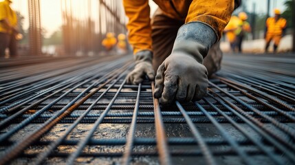 Worker Placing Rebar at Construction Site. Worker in yellow safety gear positions rebar on-site, emphasizing the foundational work and teamwork involved in construction projects.