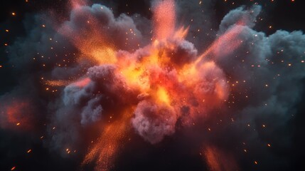 Animated 3D depiction of a powder explosion on a dark background featuring vibrant clouds of colorful dust