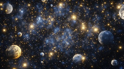 2D illustration featuring a 3D cartoon rendering with a realistic star pattern background set in deep interstellar space Brightly flashing stars planets and moons create various imaginative scienc