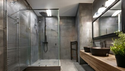 Obraz premium Minimalist Industrial Bathroom with Concrete Walls, Metal Fixtures, and Glass Shower