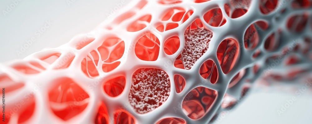 Poster close-up view of organic structures with red cells on a white isolated background.