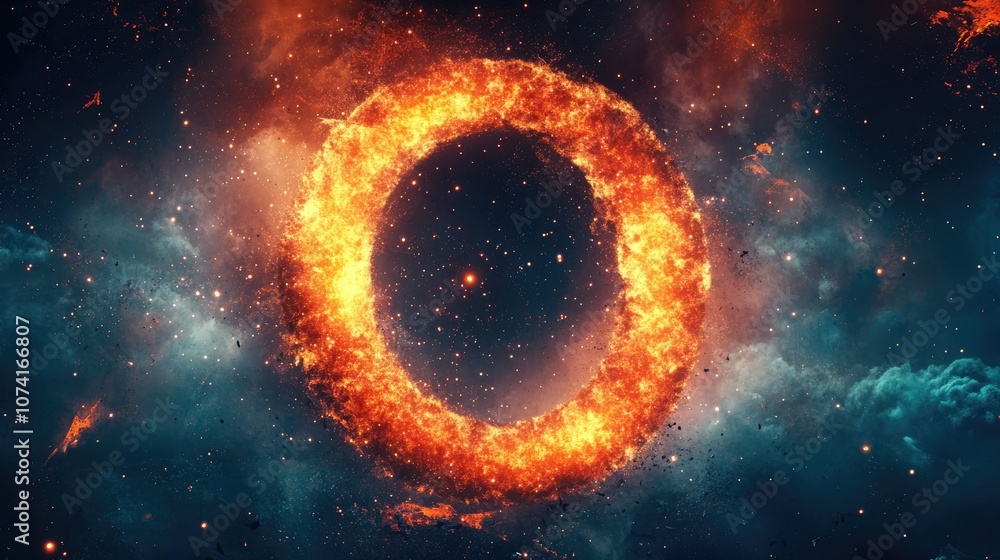 Poster Abstract space wallpaper featuring a form of the letter O with sparks of light and ample copy space presented in a 3D cartoon rendering Grunge abstract backdrop
