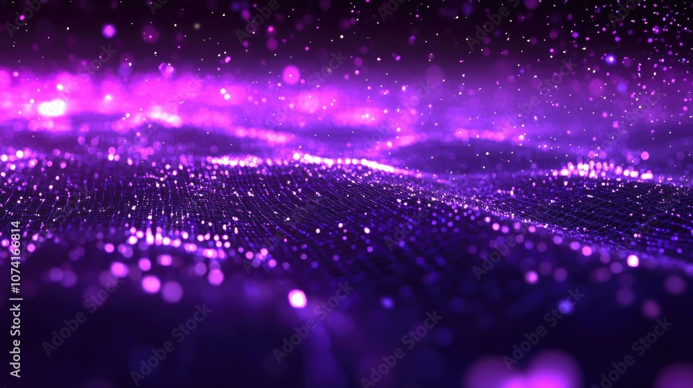 Aufkleber Abstract ultraviolet landscape in a dark background featuring a 3D cartoon rendering of a purple cyberspace grid and a hi tech network along with a violet starry outer space texture Vertical image
