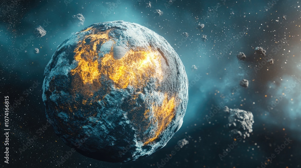 Poster cartoon rendering in 3d of a planet