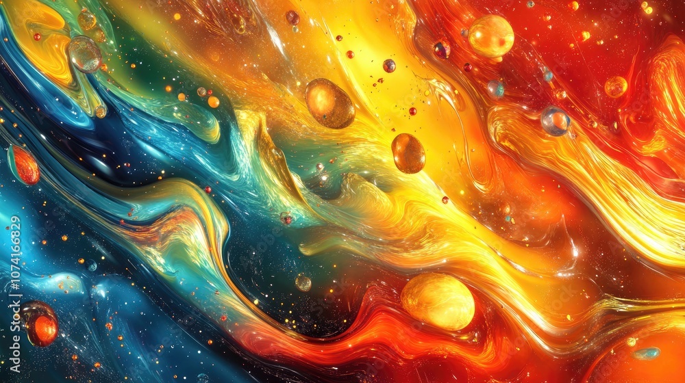 Poster Cosmic space and stars depicted in a 3D cartoon rendering featuring a colorful abstract background with fire effects