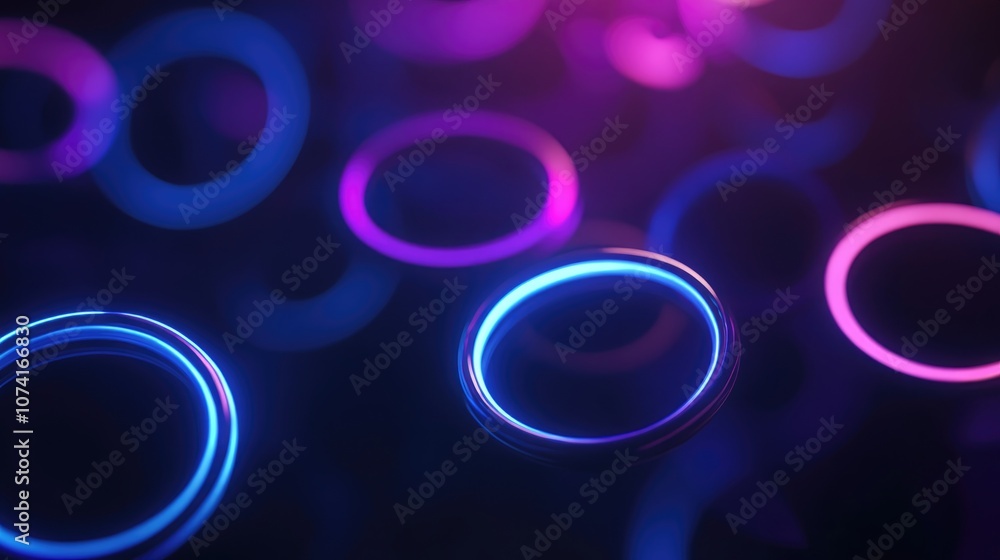 Poster Glowing circles in the dark futuristic abstract background design template featuring 3D cartoon rendering