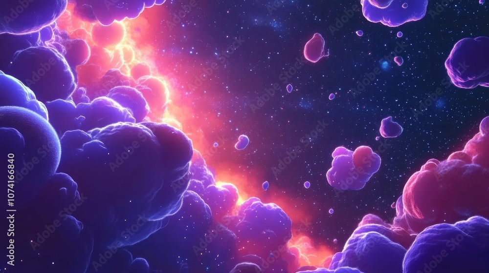 Poster deep space star field illustration featuring a universe filled with stars and gas in a 3d cartoon st