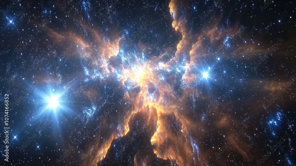 Poster deep space star field illustration featuring a universe filled with stars and gas in a 3d cartoon st