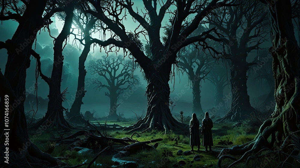 Aufkleber two figures stand in a dark enchanted forest surrounded by towering trees exploring the mystical atm