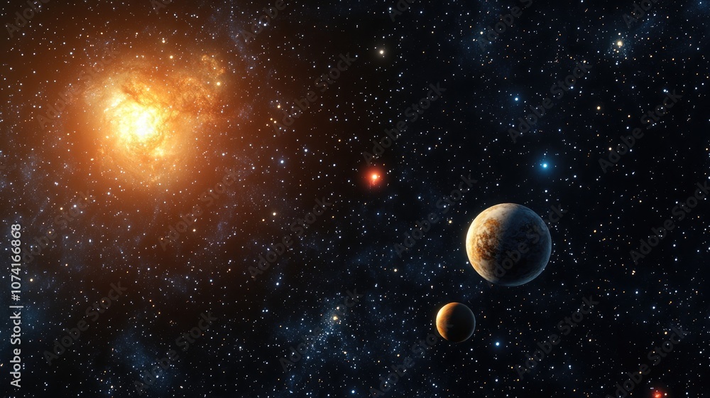 Poster Abstract representation of planets and stellar galaxies with a cluster of stars in an infinite Universe 3D cartoon rendering of