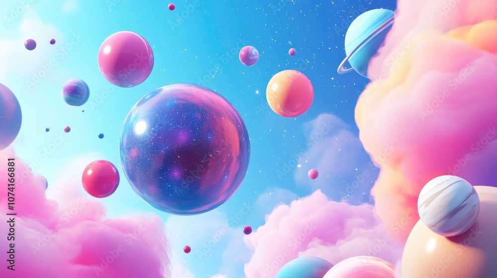 Poster abstract illustration of universe bodies in 3d cartoon rendering