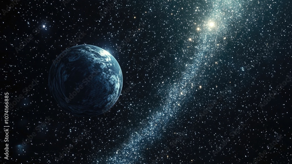 Poster stars of a planet and galaxy in free space depicted in a 3d cartoon rendering