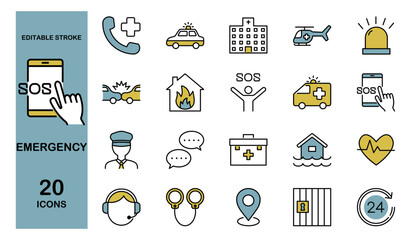 緊急事態　事故　事件　災害などに関するアイコンセット　カラー　編集可能 © Rico