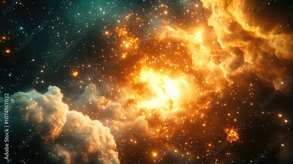 Poster Cartoon style 3D rendering depicting star birth within a nebula and an open cluster of stars