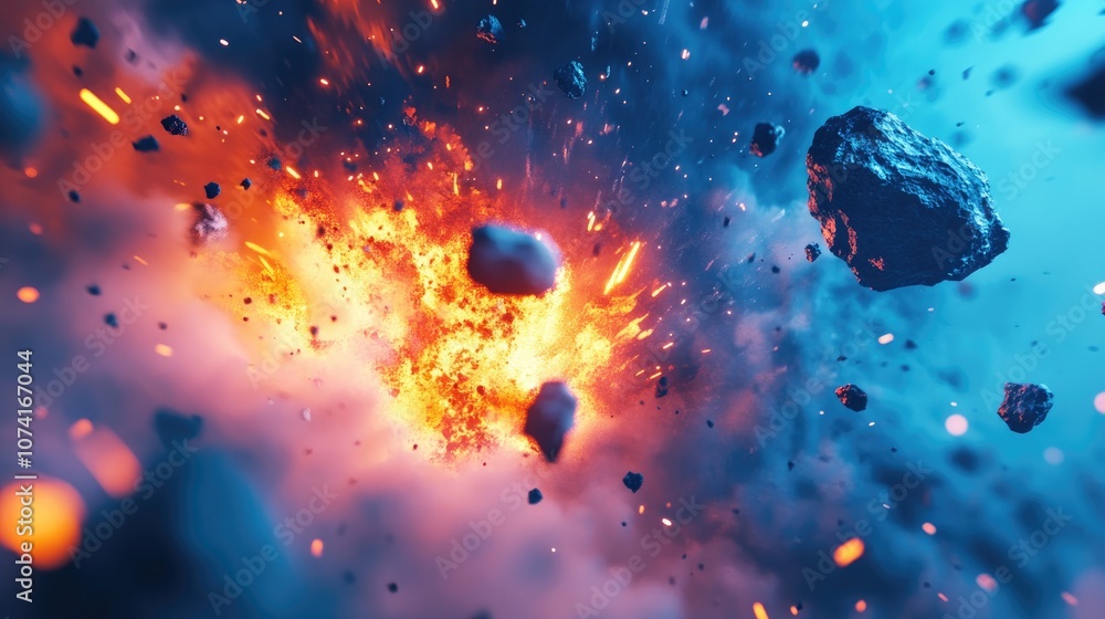 Poster Asteroid invasion in the universe depicted in 3D cartoon style Abstract representation of a meteor collision