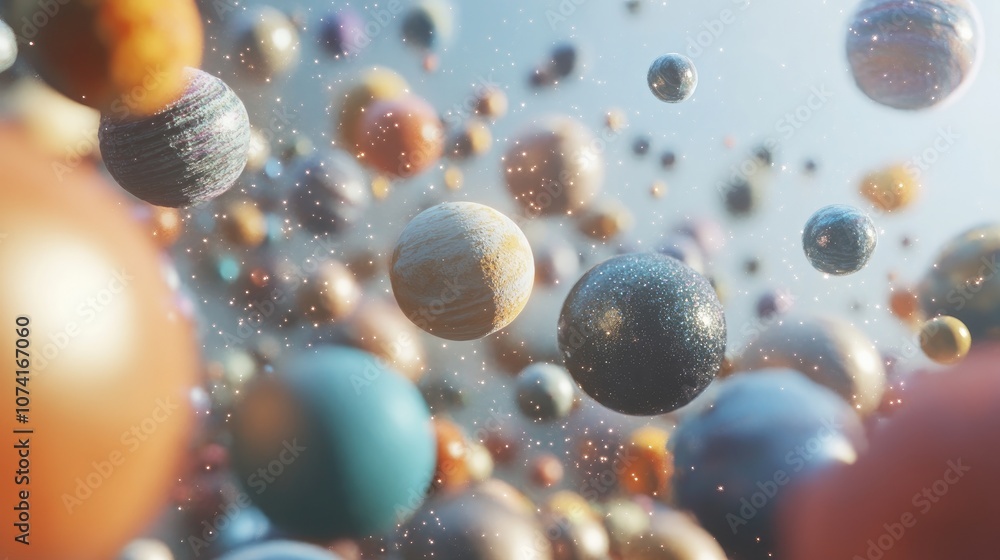 Poster abstract illustration of universe bodies in 3d cartoon rendering