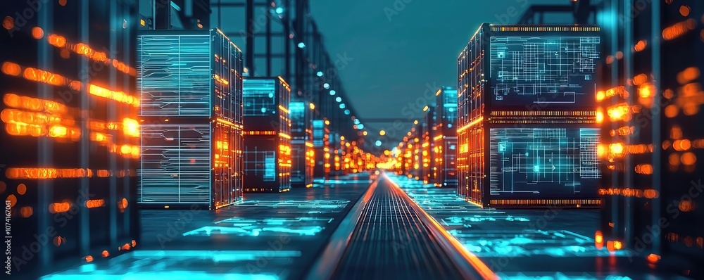Poster futuristic warehouse with illuminated shipping containers and vibrant data streams.