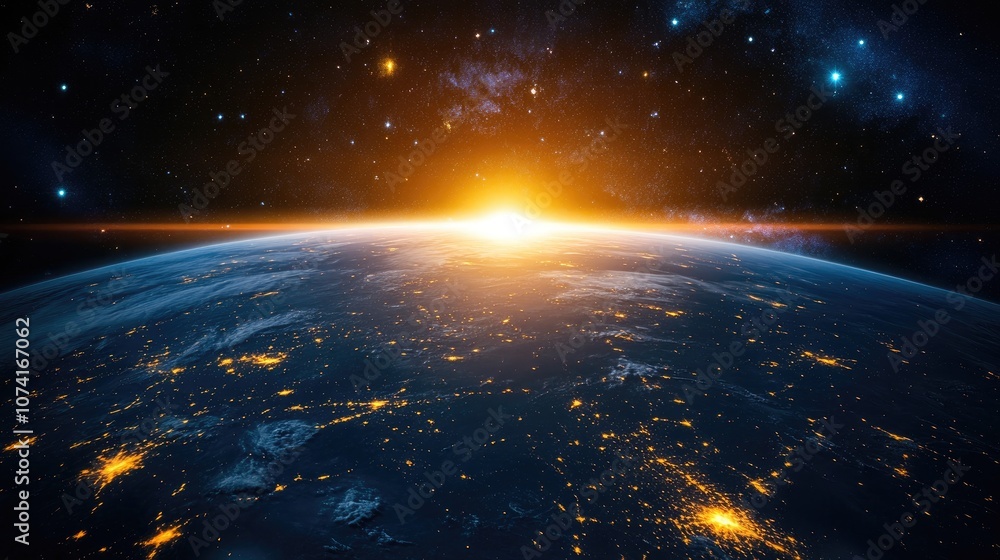 Poster cartoon rendering of earth viewed from space in 3d