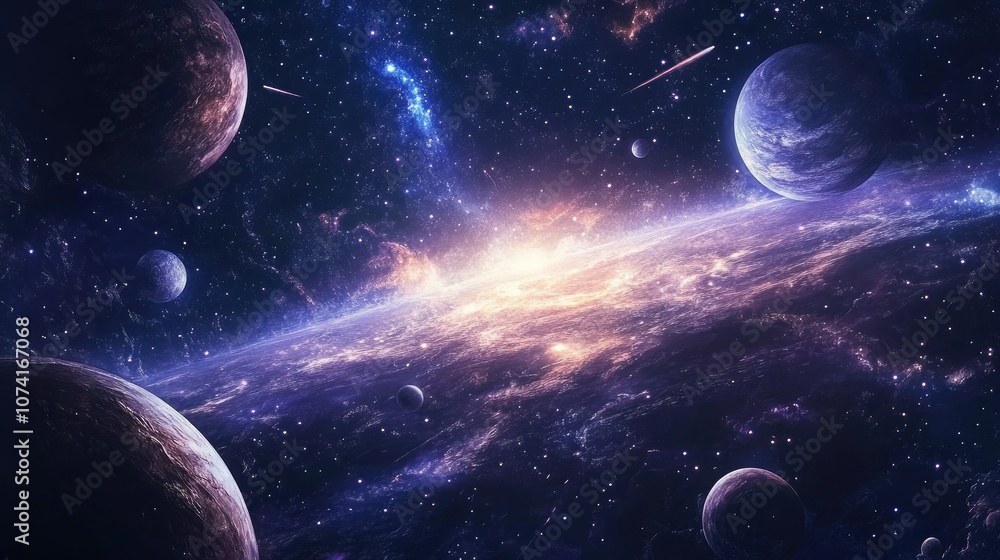 Poster 2d illustration in a cartoon draw style featuring a vast and deep space scene the artwork includes s